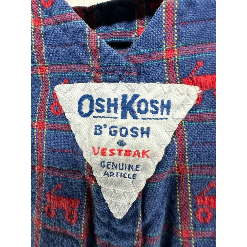 Vintage OshKosh Bgosh Kids 3T‎ Blue Plaid Red Tractor Vestbak Overalls Made USA